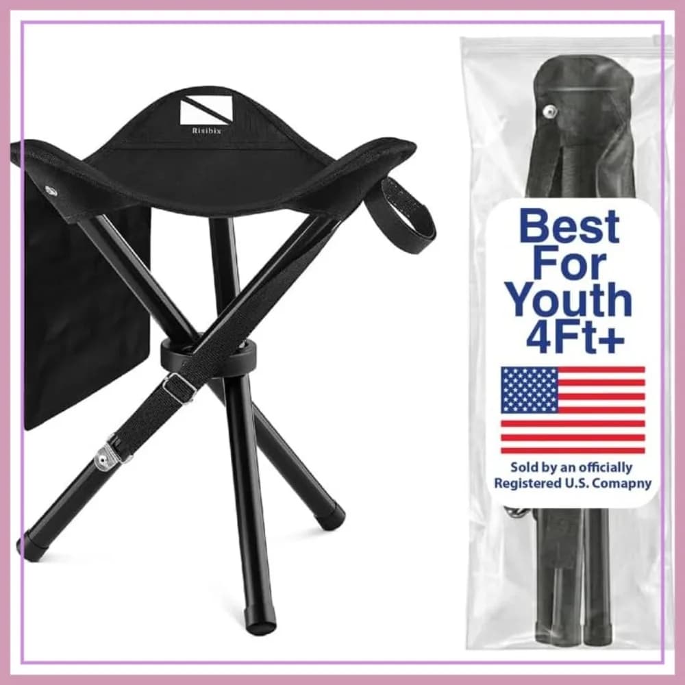 Sgabello Pieghevole a Treppiede 13.4'' per Ragazzi e Bambini 4 FT+, Sgabello da Campeggio Ultra Portatile 1 lb, Acciaio Resistente, Nero