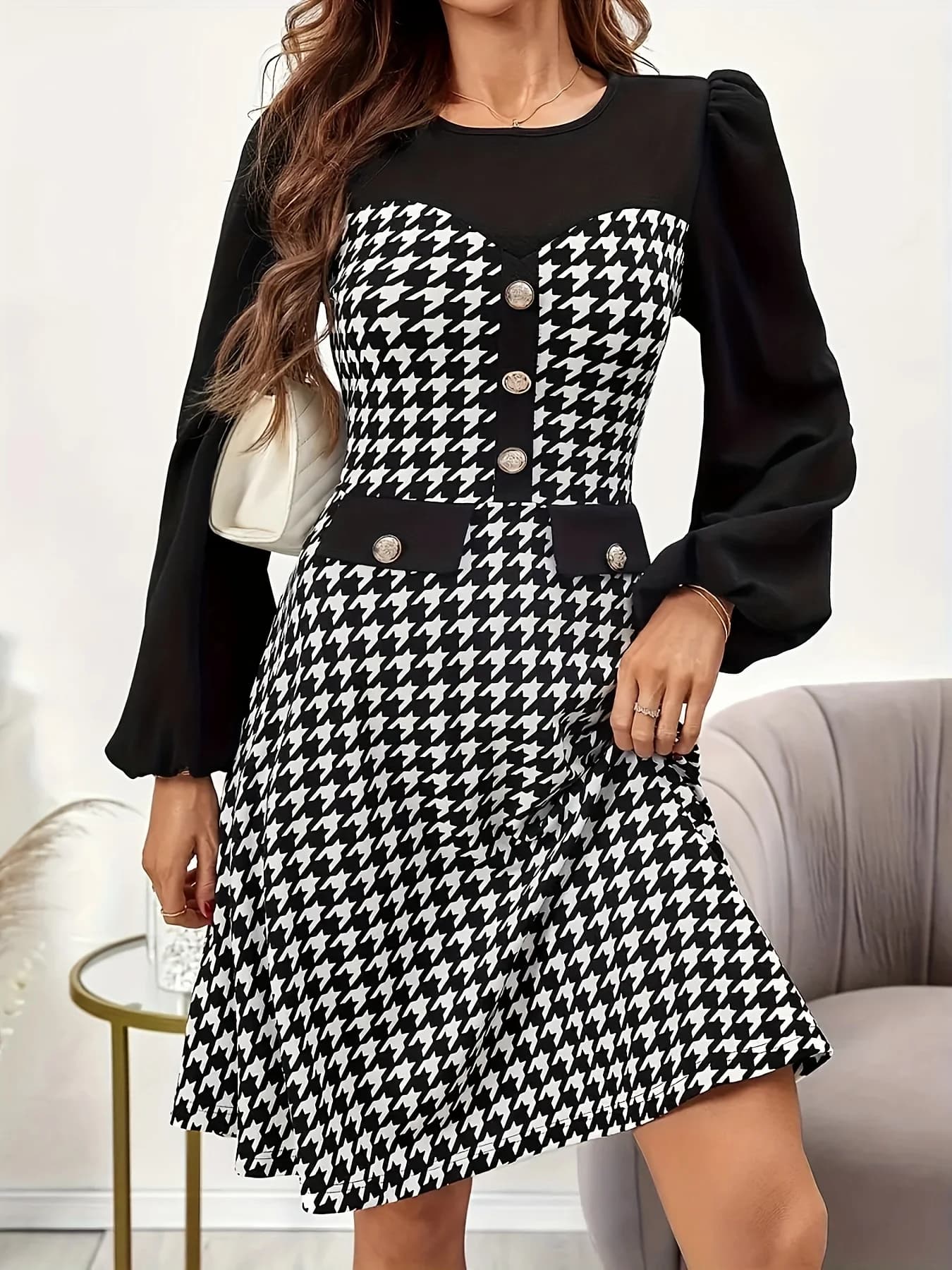 Elegante abito da donna con bottoni scozzesi autunno inverno di Zhou Dongzi Elegante gonna da donna direzionale con motivo a uccelli