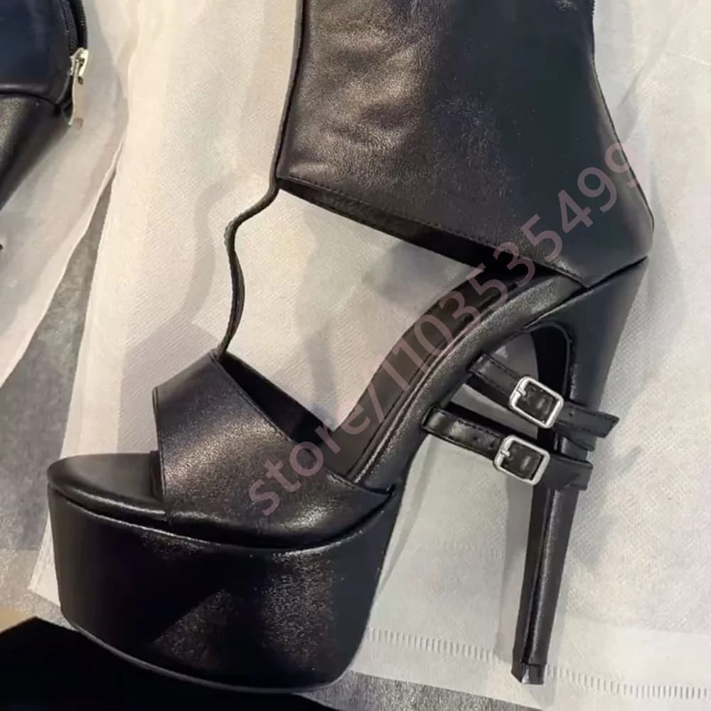 Stivali da donna con plateau e tacco a spillo, open toe, stile gladiatore, con cinturini multipli, cut-out alla moda, tacchi alti per feste e sfilate.
