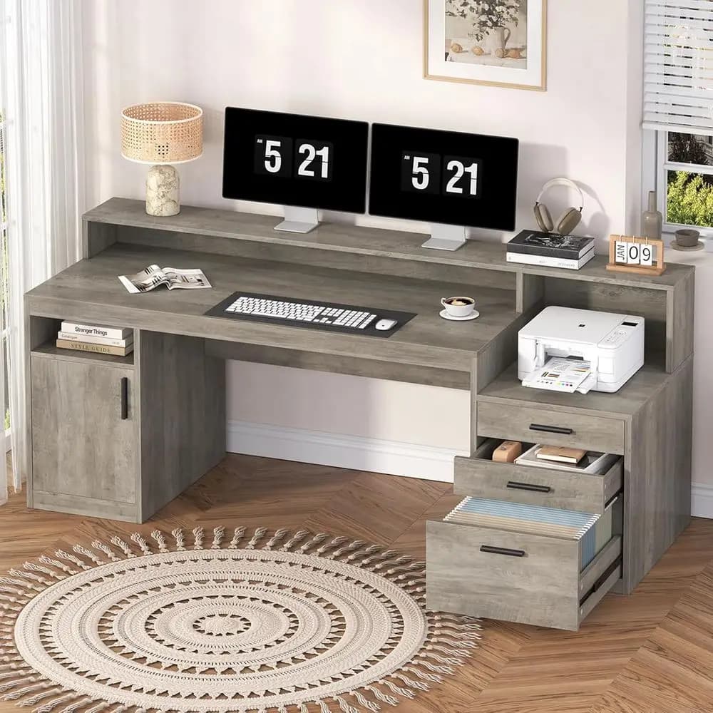 65 Grey Executive Desk with 3 Drawers, Storage Shelves, Monitor Stand, and Printer Shelf