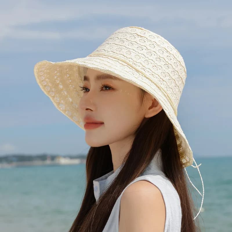 Primavera/Estate Donna Stagione Cappello di Paglia di Pizzo Spiaggia Protezione Solare Cappello da Sole Cappello da Pescatore a tesa larga H308