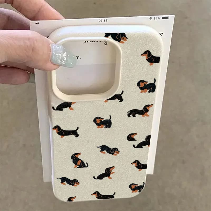 Minimalist Cartoon Dachshund Sausage Dog Print Leather Texture Phone Case For iPhone 17 16 15 14 13 12 11 Pro Max