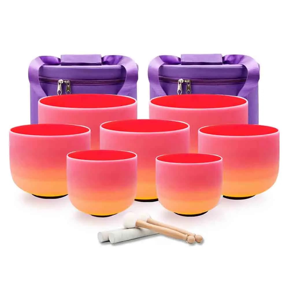 Hye-eun Rainbow Colored Quartz Frosted Crystal Singing Bowl Set of 7pcs Meditation Healing Bowls Sound Bowl for Cleansing Stress