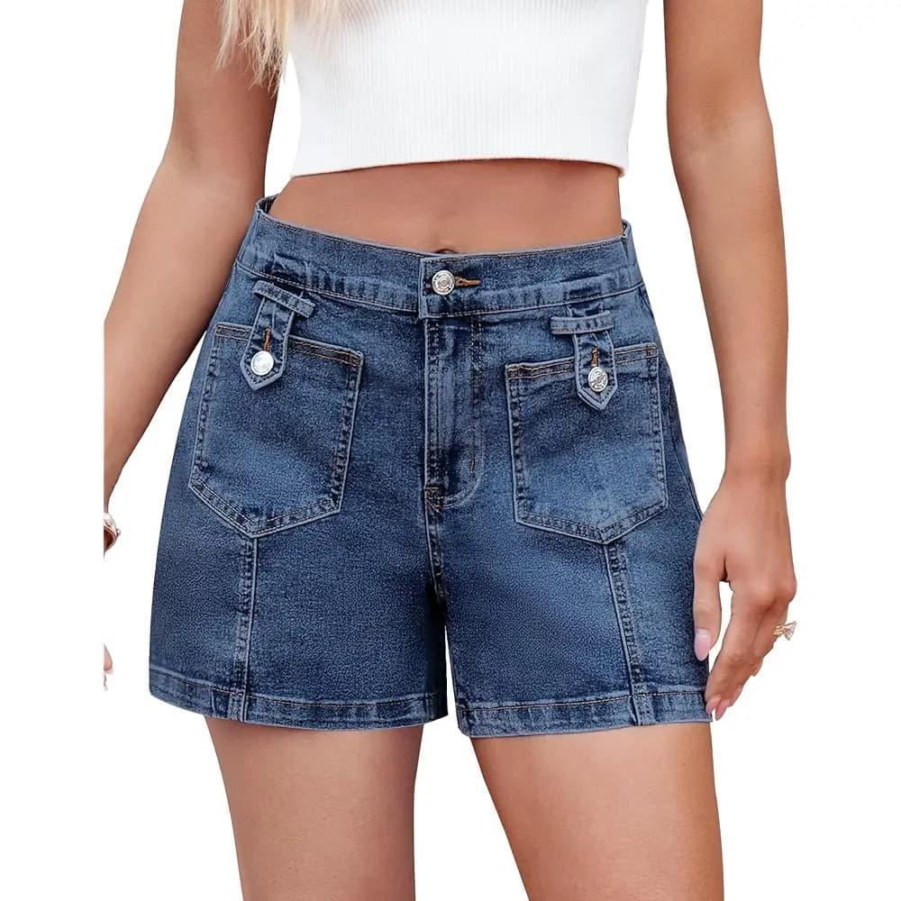 Shorts in denim da donna a vita alta, gamba larga, elastici, con tasche, per l'estate.