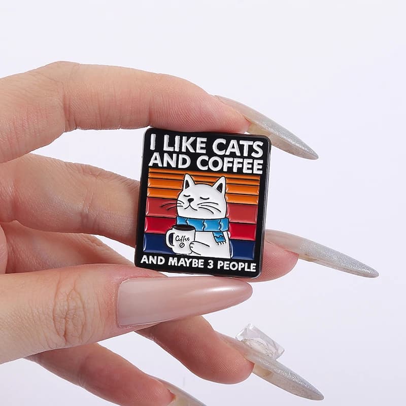Brooch in Metal Nail Polished in Cute Cat Shape with Coffee, 'MORE ESPRESSO' badge for Backpacks, Dresses, Jewelry, Gift