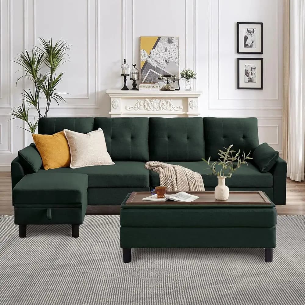 102 L-Shape Green Sofa with Ottoman Coffee Table and Removable Covers for Living Room
