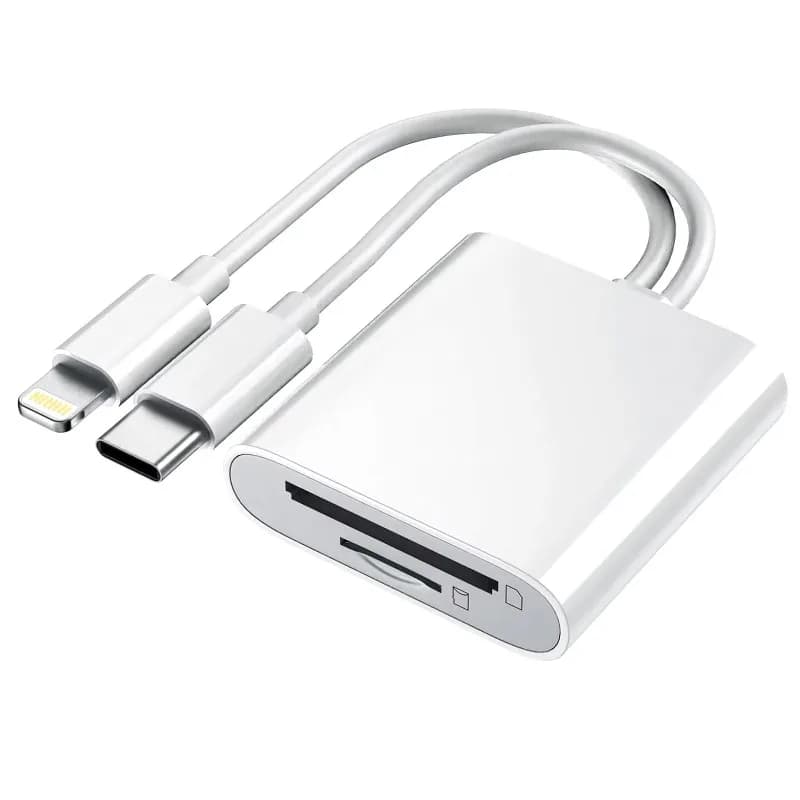 High-speed Camera Memory Card Reader Featuring Dual Interfaces (USB-C and Lightning) and Dual Slots for SD and Micro SD Cards