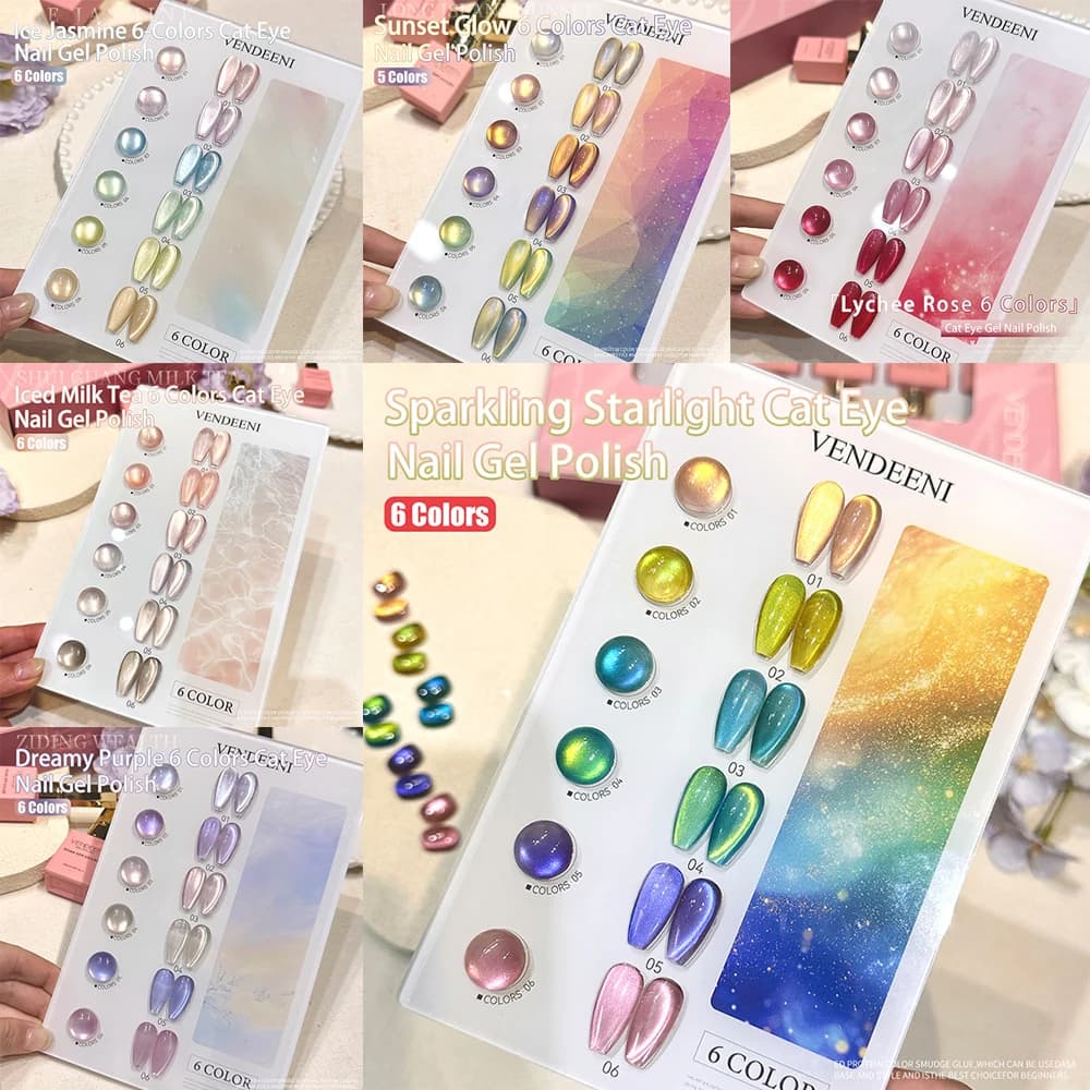 Vendeeni 6 colors Crystal Cat Eye Gel Nail Polish Set Semi Permanent Shining Magnetic UV LED Soak Off Gel Nail Polish with Display