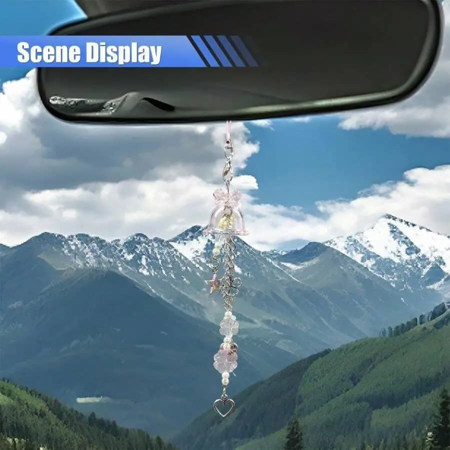 Car Rear View Mirror Charm With Four Leaf Clover Wind Chime Pendant Pink Automotive Decoration