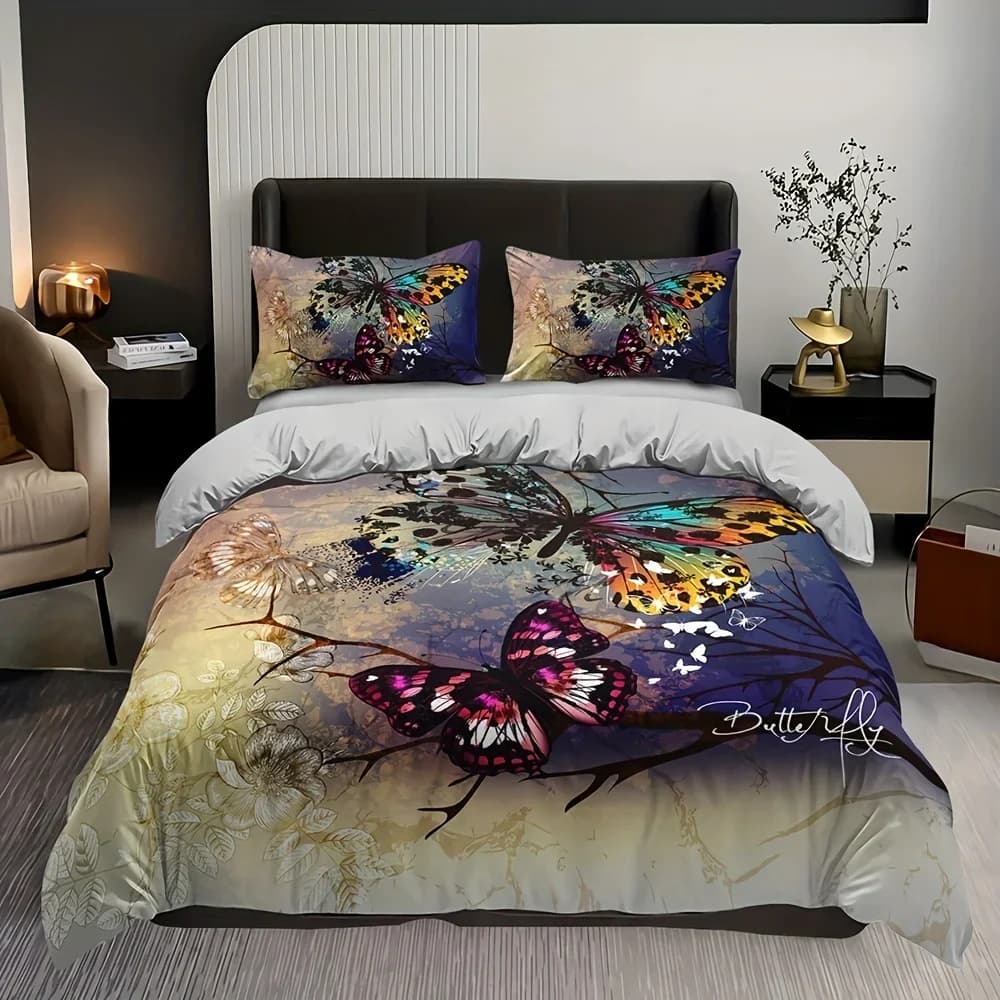 Set copripiumino morbido con stampa a farfalla da 3 pezzi per un sonno confortevole - Set biancheria da letto da 3 pezzi per camera da letto o stanza degli ospiti