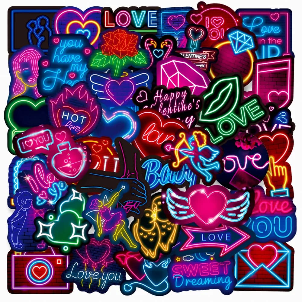Confezione da 50 Adesivi Neon San Valentino Impermeabili per Valigie, Quaderni, Biciclette Elettriche, Skateboard, Telefoni Cellulari, Cancelleria