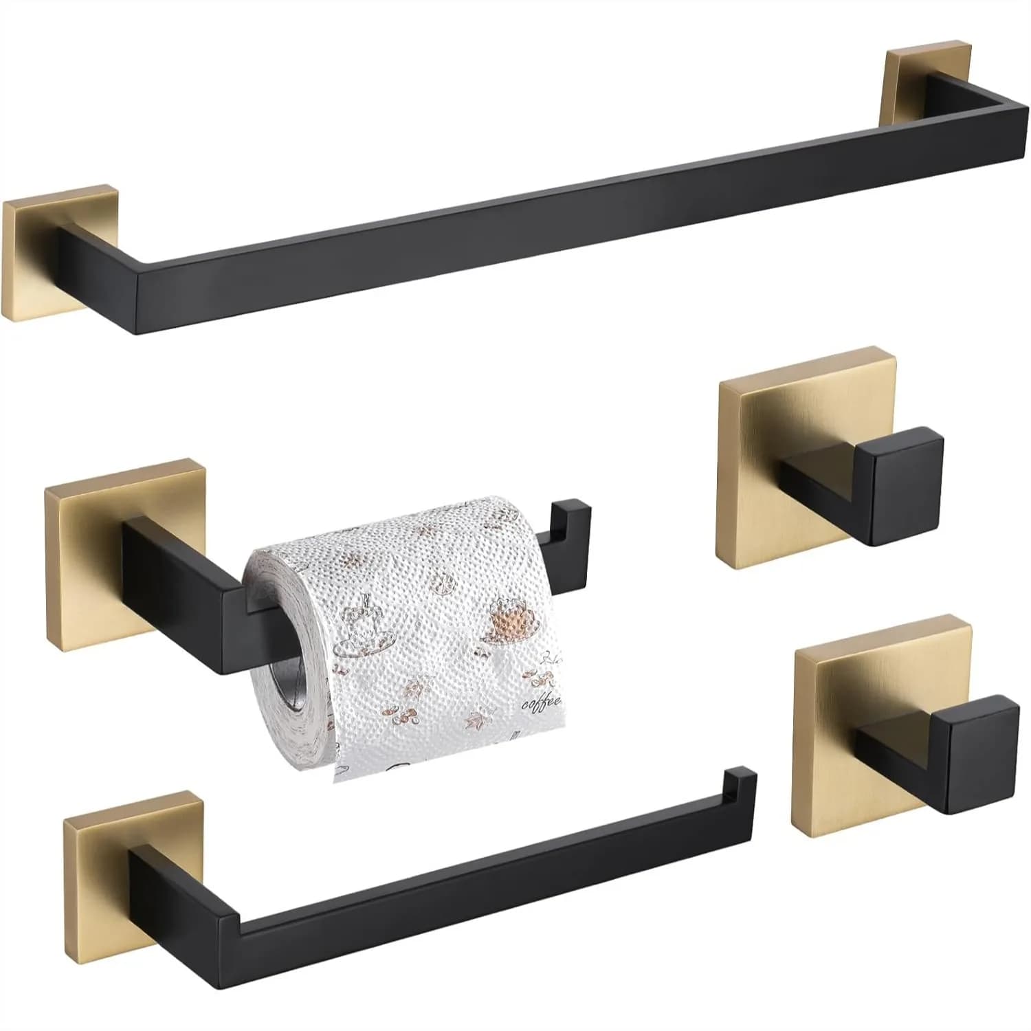 Set di Accessori per Bagno 5 Pezzi Nero e Oro, Set Portasciugamani da 24 Pollici, Porta Asciugamani, Porta Carta Igienica, 2 Portasciugamani