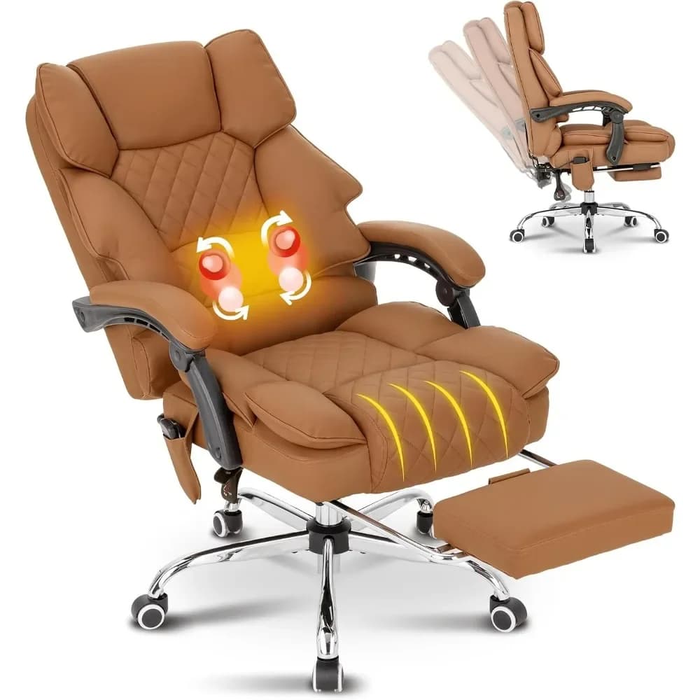 Kneading Massage Executive Office Chair with Heated,90-135° Reclining Office Chair with Footrest,Computer Desk Chair with Wheels,Diamond-Stitched Cushion Leather Office Chair (Brown) Office