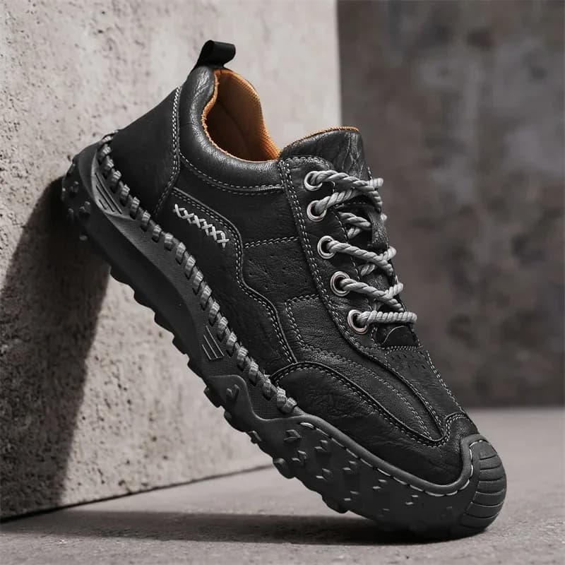 Scarpe Casual in Pelle da Uomo, Comode per Escursioni all'Aperto, Stivali da Trekking Neri con Suola in Gomma, Sneaker da Uomo