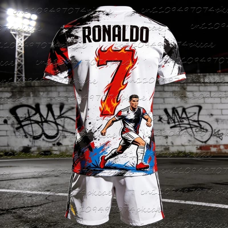 2 pieces Ronaldo # 7 Graffiti & Flame Number Running Player T-Shirt Graphical Crewneck + Shorts Set Summer Sports Soccer Jersey for Adults