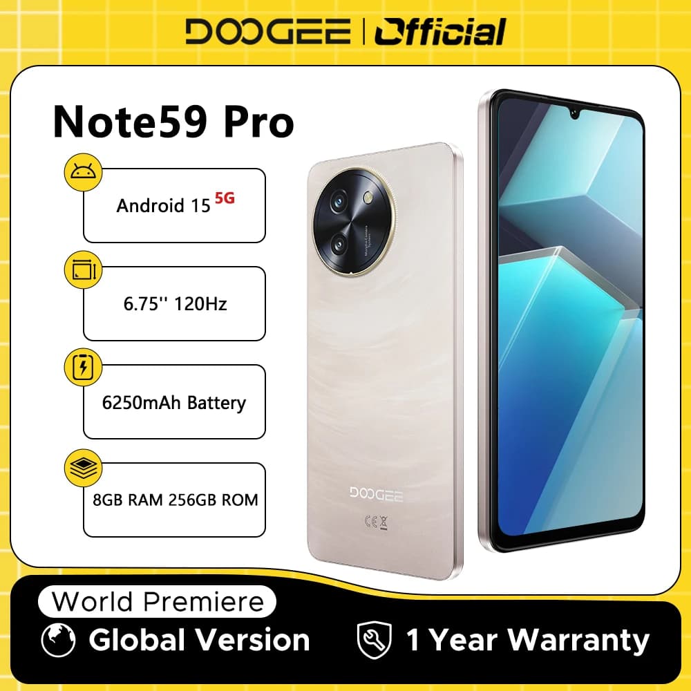 DOOGEE Note59 Pro 5G Smartphone 6.75 "HD + Android 15 Telefono cellulare 8 GB RAM 256 GB ROM 6250 mAh Batteria NFC Versione globale Cellphon