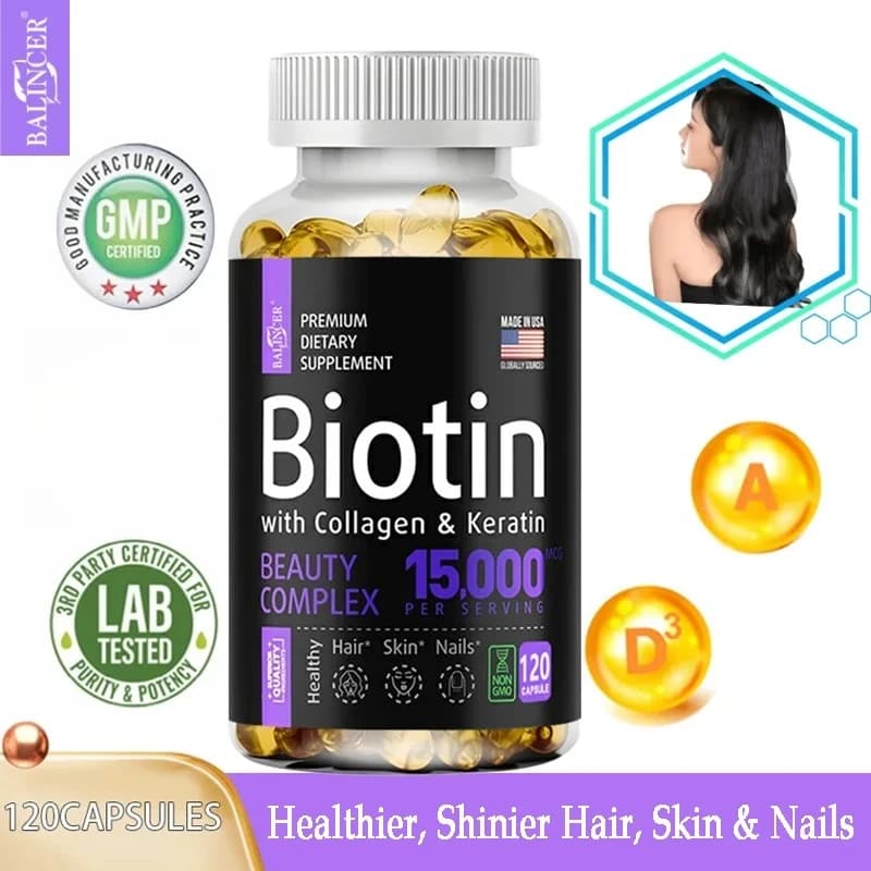 Capsule di biotina 15,000 MCG-aumenta più sano, capelli lucidi, pelle e unghie-capsule da 30 A 120 con collagene di biotina A & B