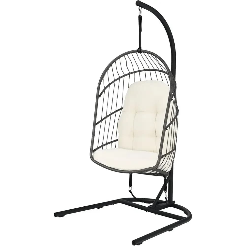Sedia a dondolo pieghevole da esterno/interno con cuscini, sedia a cesto sospesa in rattan con supporto per amaca, perfetta per balcone e patio