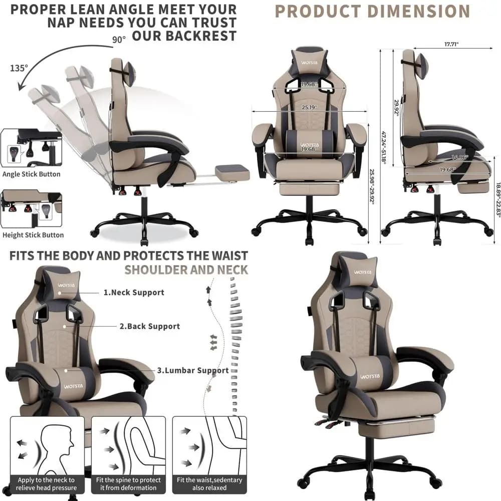 Sedia da gaming ergonomica con massaggio, comoda per il riposo e con supporto lombare, schienale alto, supporta fino a 300 libbre, grigia