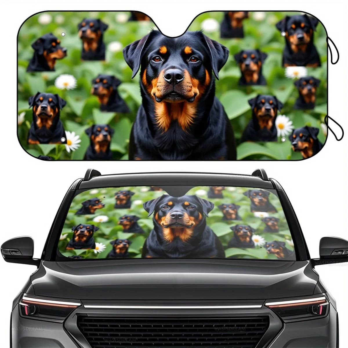 1 parasole per auto WILDLAVIE Rottweiler e stampa floreale - 57" x 27,5" copertura per parabrezza con 4 ventose gratuite, protezione UV durevole