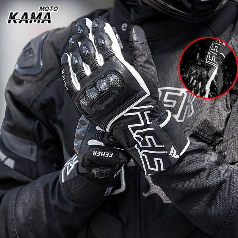 Guanti da moto in pelle per autunno e inverno, caldi, antivento, impermeabili, con protezione per le articolazioni delle dita e design in fibra di carbonio.