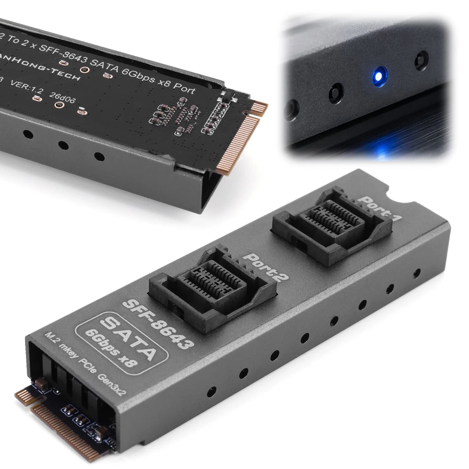 Dual SFF-8643 Mini SAS for M.2 for M-Key SATA 6Gbps 8-Drive Expansion Card Aluminum Alloy PCB Storage Adapter for PC NAS Server