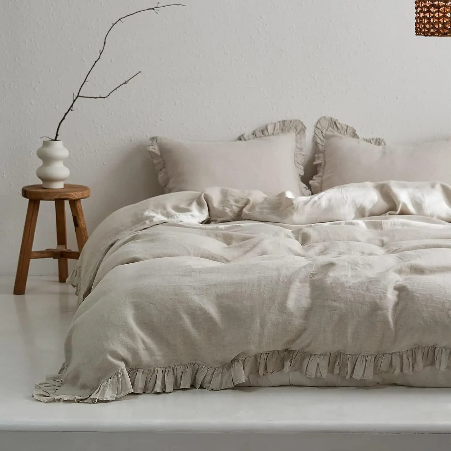 100% Natural Linen Cover Set, King Size Measuring, 3 Pieces, Breathable with Volant Design (104"x92")