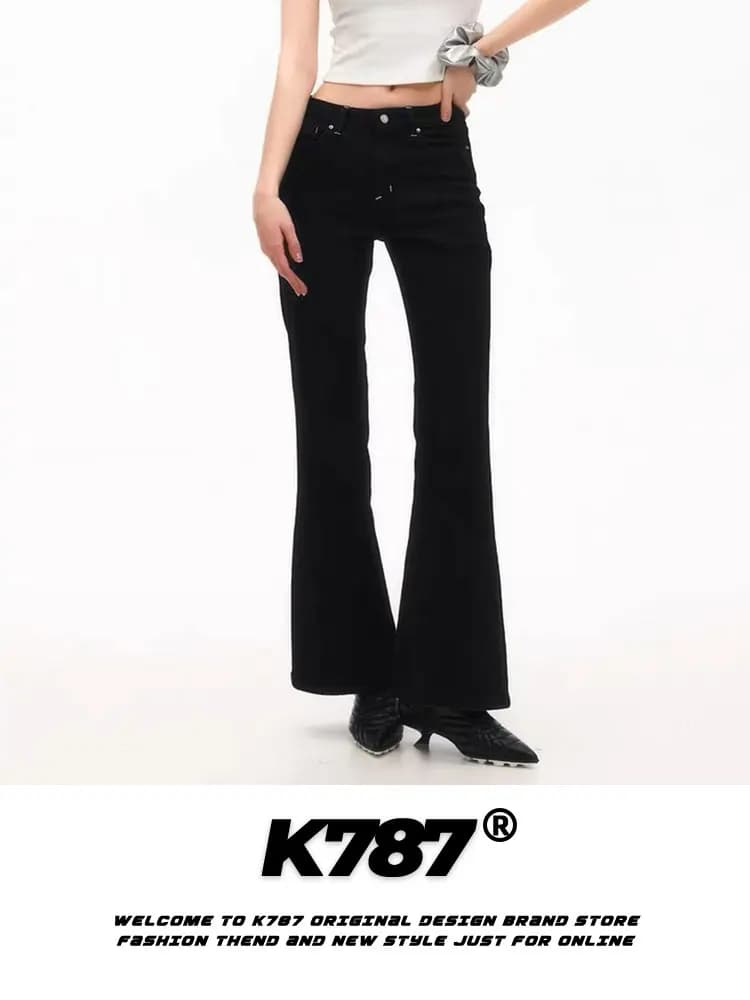 K787 American Retro Street Washed Black Jeans High Waist Slimming Casual Flared Pants Women's Fashion Spring Season