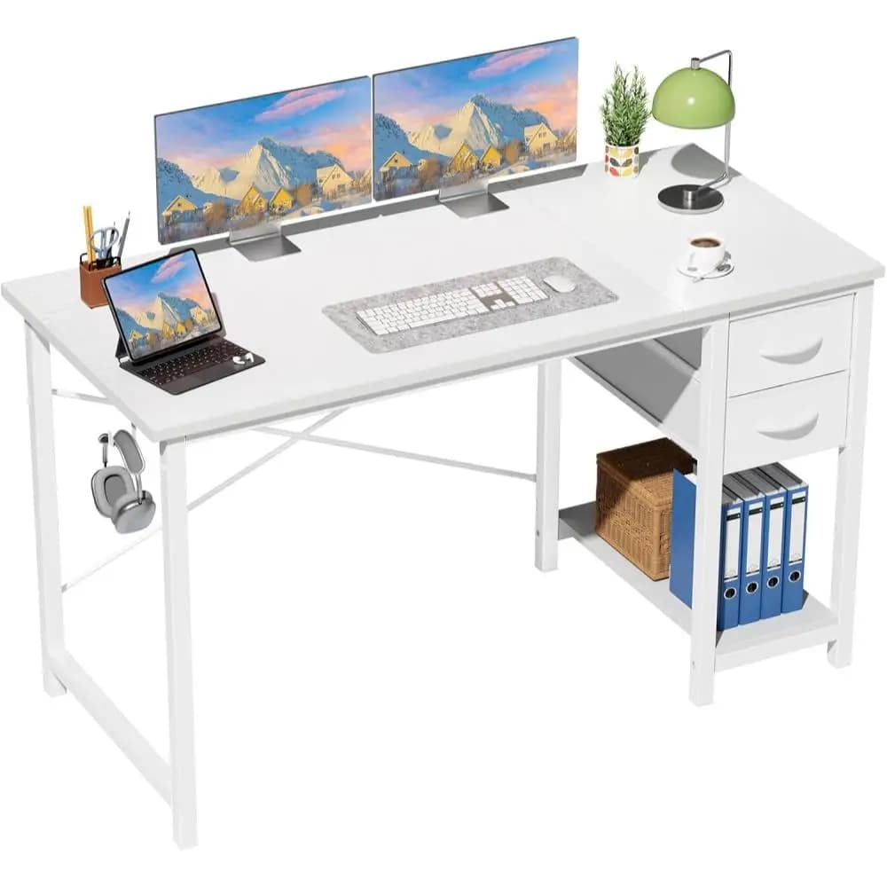 Scrivania per computer da 47 pollici con cassetti, scrivania da gaming per ufficio domestico con rinforzo a forma di X, tavolo da lavoro moderno in legno.