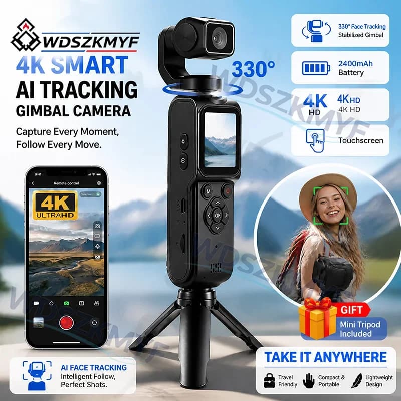 New 4K Action Cameras Wifi UHD Pocket Sports With 330° AI Face Tracking Vlogging Camera Auto Rotatable Touch Screen Bodycam
