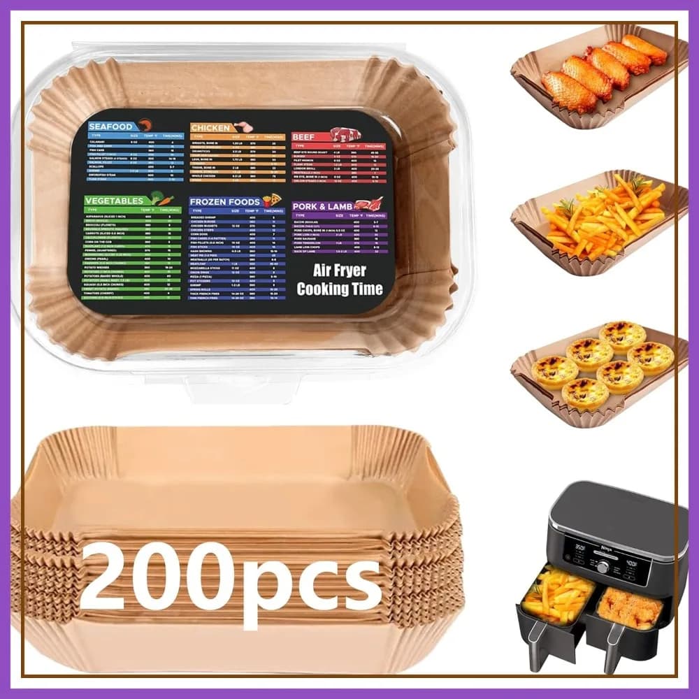 200 Pezzi di Fogli Antiaderenti per Friggitrice ad Aria, Rettangolari 22x14cm per Friggitrice Doppia, Accessori da Forno in Carta Forno Monouso
