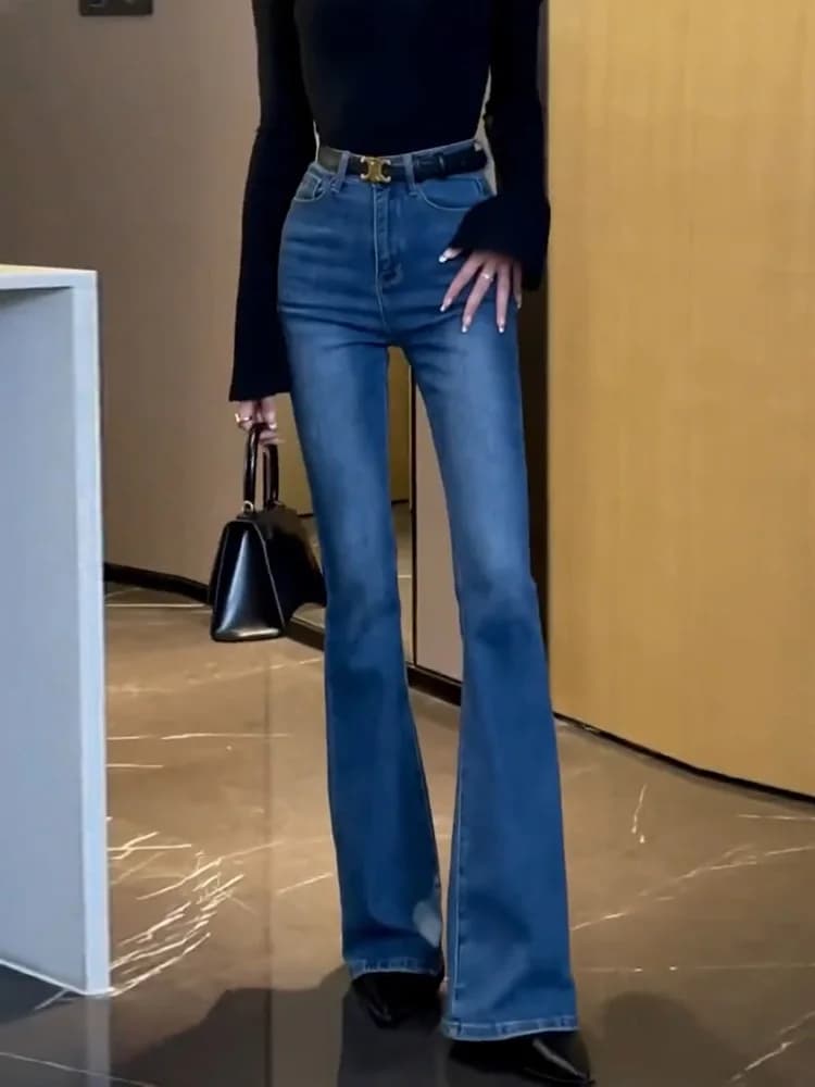 Spring Autumn High Waist Flared Jeans Women's Elastic Slimming Bell Bottoms Casual Retro Blue Denim Pants Hot Girl Style
