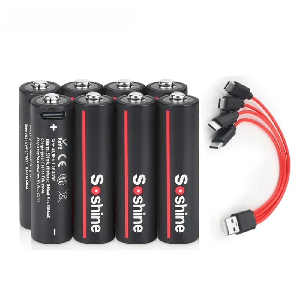 Batterie Ricaricabili al Litio AA/AAA 1.5V USB 3500mWh/3000mAh con Cavo USB 4-in-1 per Rilevatori di Fumo, Console di Gioco, Fotocamere