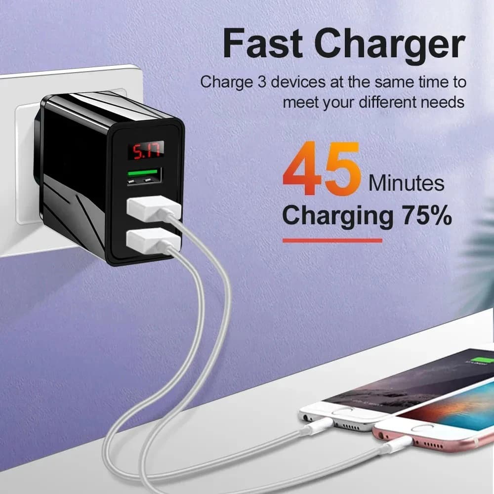 Caricatore da Muro USB a 3 Porte con Display Digitale LED, Adattatore di Ricarica Rapida Multi-Porta per iPhone Samsung Xiaomi, Spina EU/US/UK