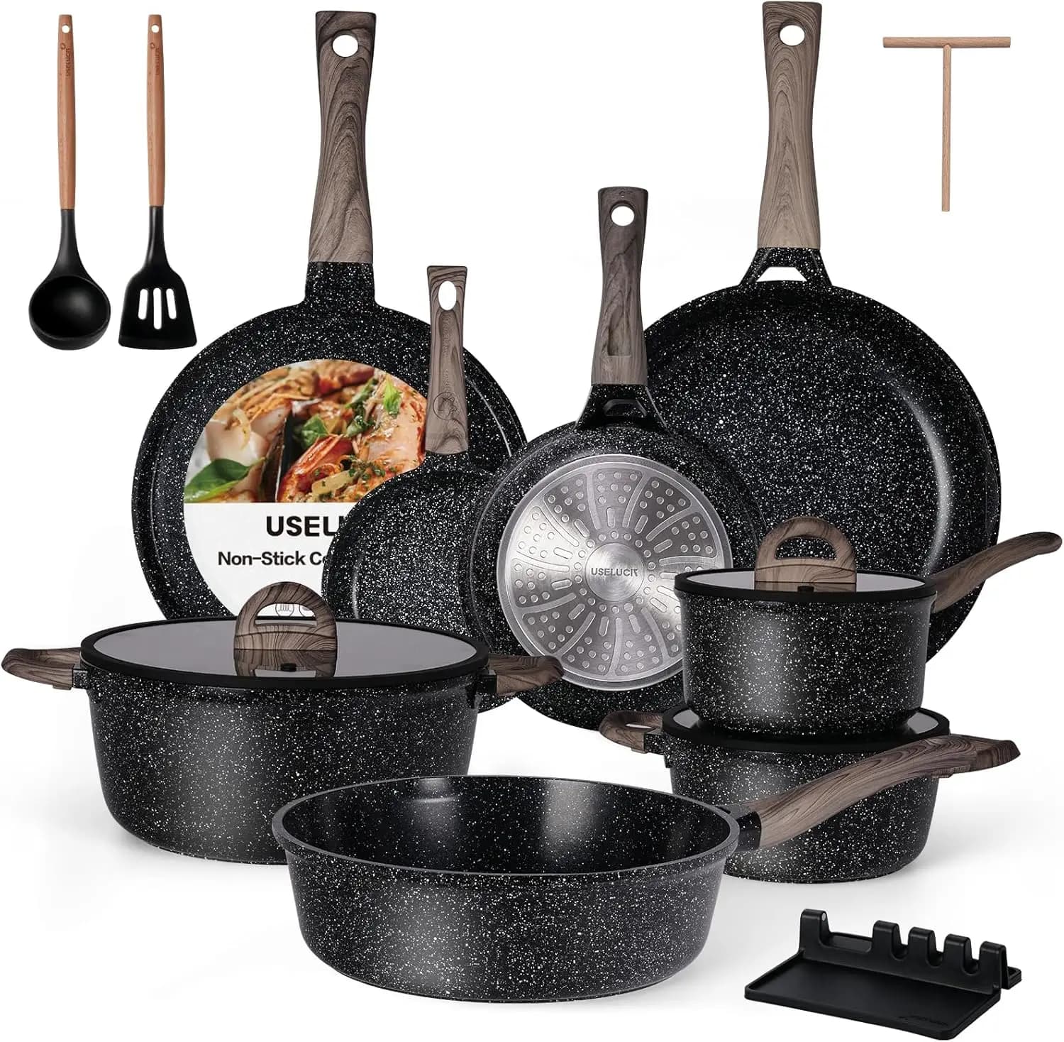 Set di Pentole in Ceramica 22 Pezzi, Set di Pentole e Padelle Antiaderenti, Set da Cucina con Padelle da 8 Pollici con Coperchio, Granito Nero