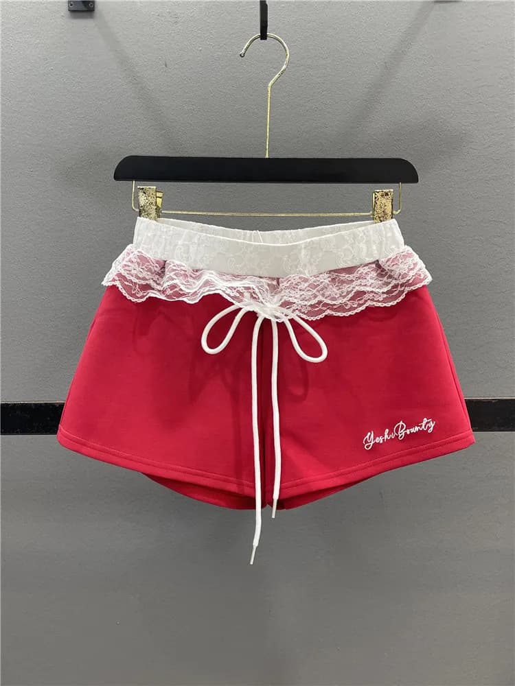 Red Lace Splice Sports Shorts Women's Summer Design Casual Slimming Ultra-Short Street Style Cotton Polyester Blend Wide Leg ...