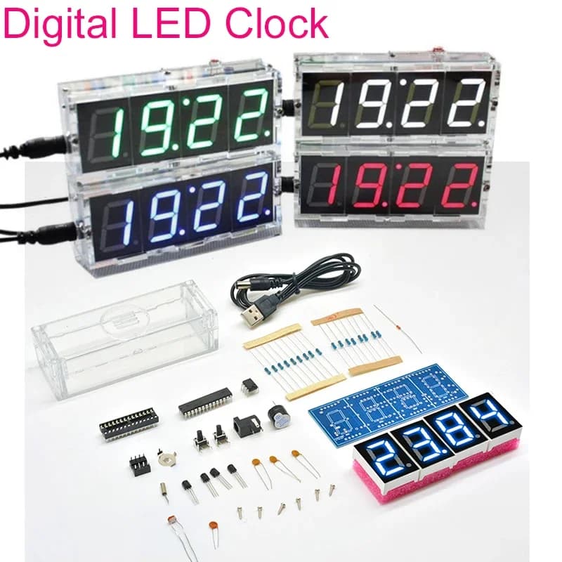 Kit elettronico fai-da-te Orologio Kit microcontrollore LED Orologio digitale Tempo Luce/Controllo vocale Termometro temperatura Rosso/Blu/Gr/Whi