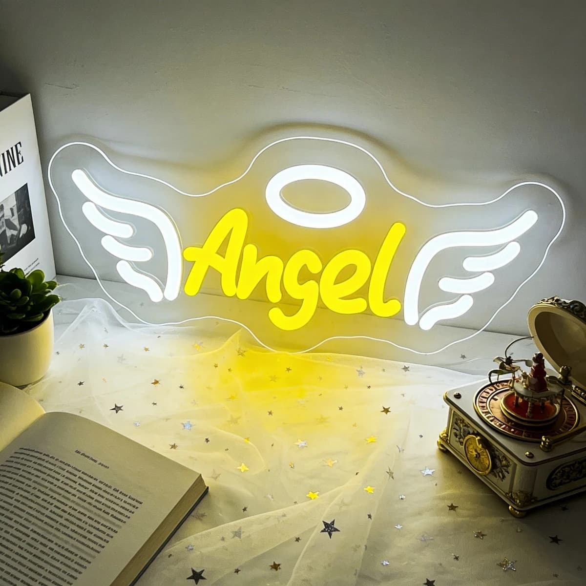 Insegna LED Neon a Forma di Angelo con Aureola e Ali, Luce Bianca Calda, Decorazione da Parete per Camera da Letto, Regalo Romantico per Donne e Ragazze