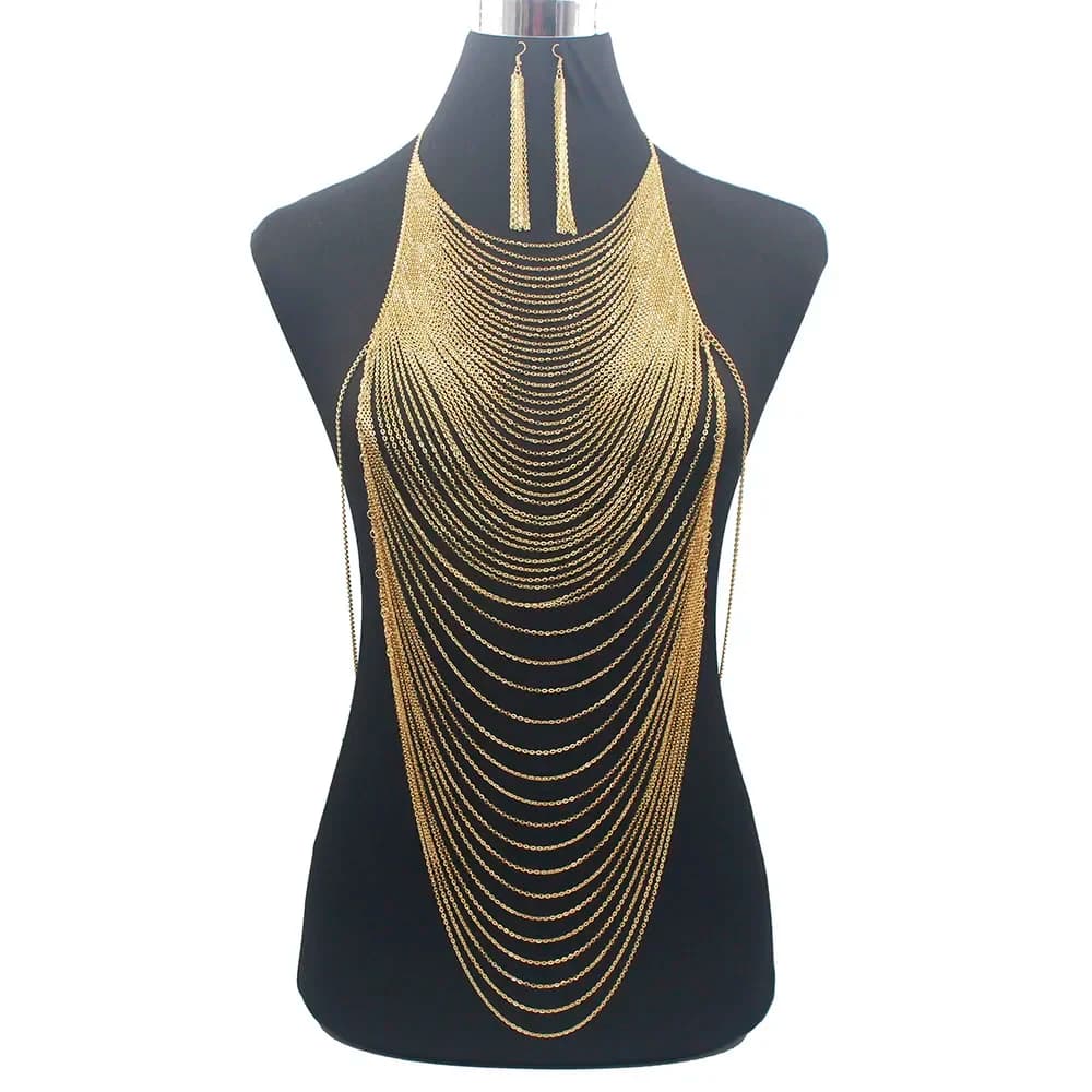 Sexy Fashion Shiny Luxury Body Belly Color oro Full Chain Body Chain Bra Slave Harness collana nappa vita gioielli 2024 nuovo