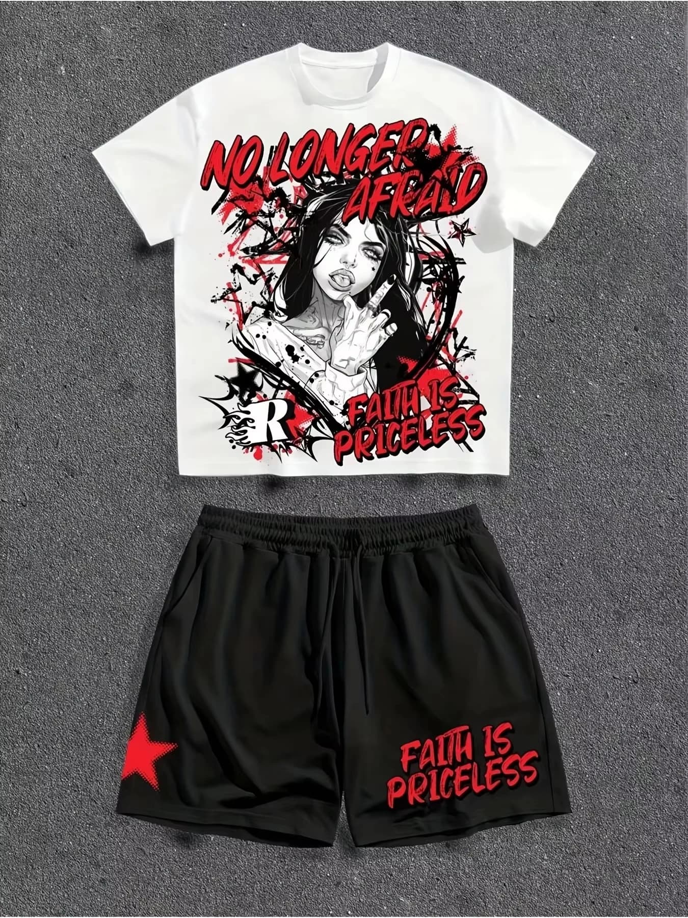 2026 Fashion Bestseller Gothic Cross Graffiti White and Red Contrast Men's Set 3D Large Casual T-shirt