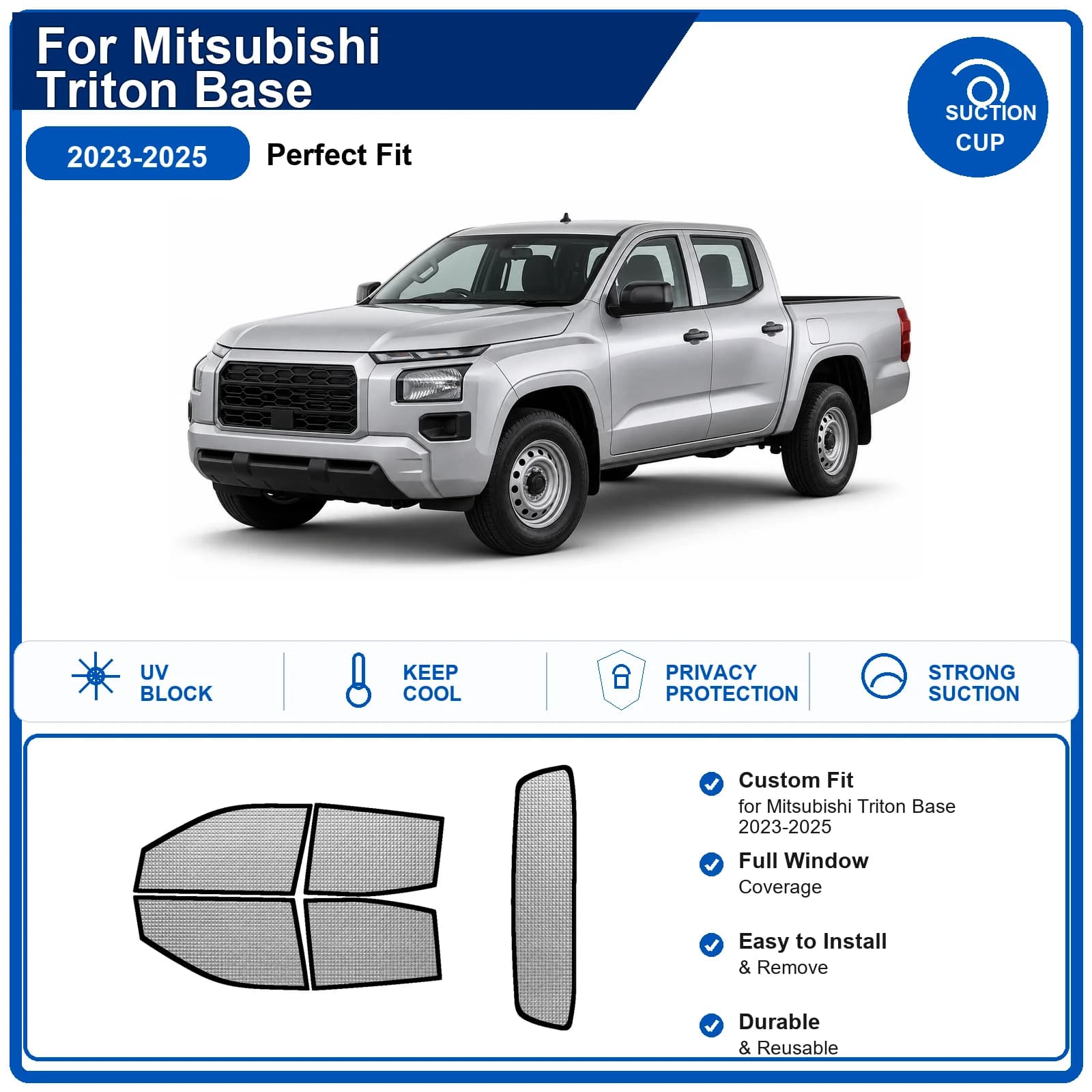 For Mitsubishi Triton Base 2023-2025 Custom Full Set Windshield Sun Shade Aluminum Foil Heat Insulation Anti UV Foldable