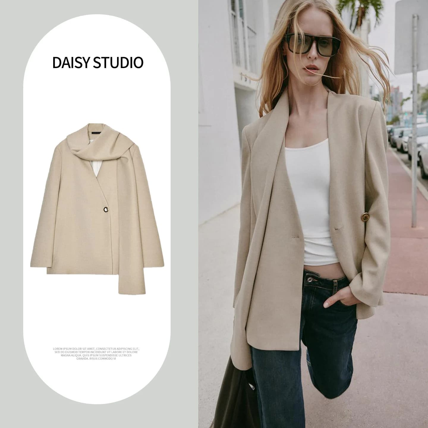 Nuova Giacca Primaverile da Donna con Doppio Petto, Senza Tasche, Colletto, Maniche Lunghe e Sciarpa Staccabile, Stile Casual in Fibra di Poliestere