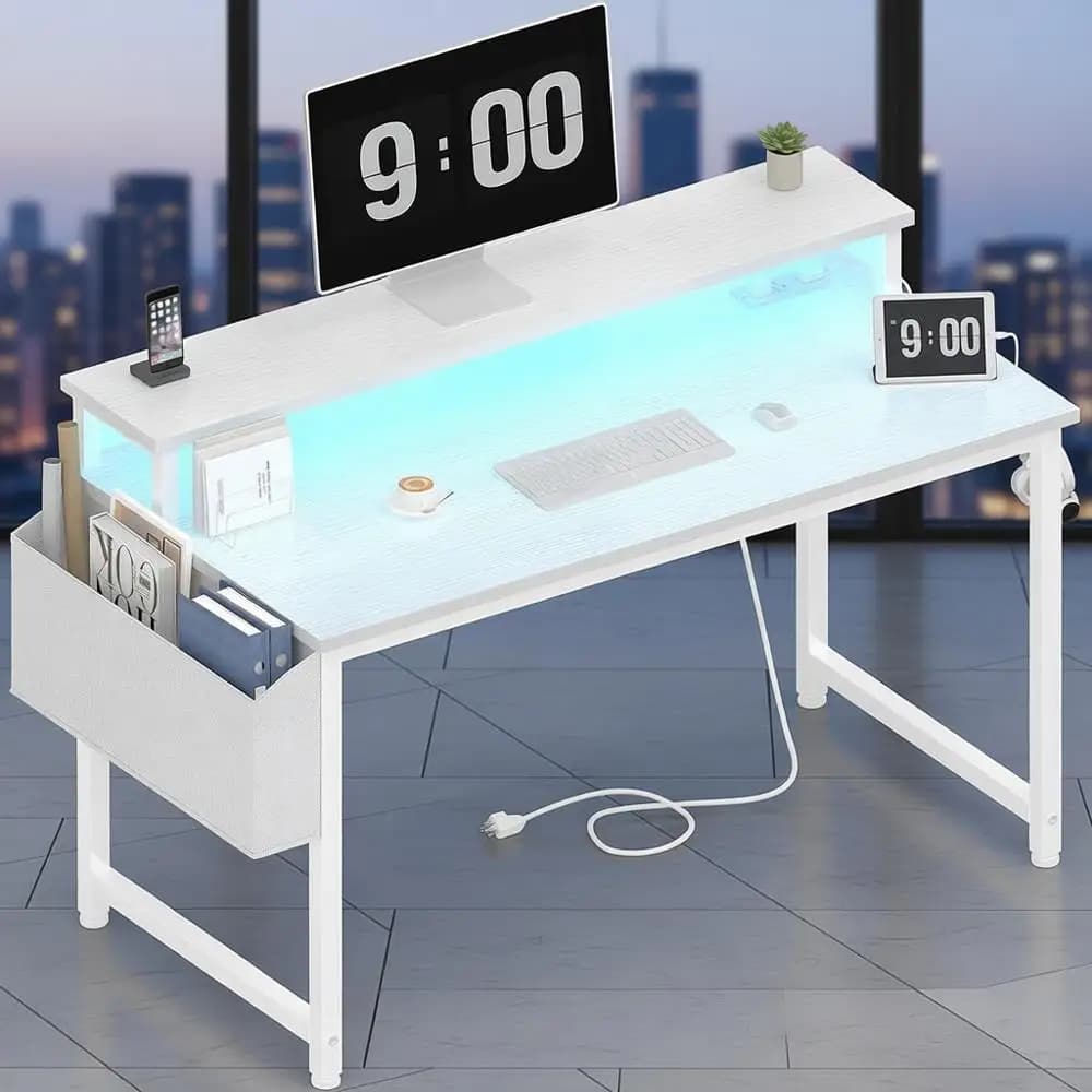 Play desk with white LED illuminated current socket with monitor and charging station for teen studio and home office