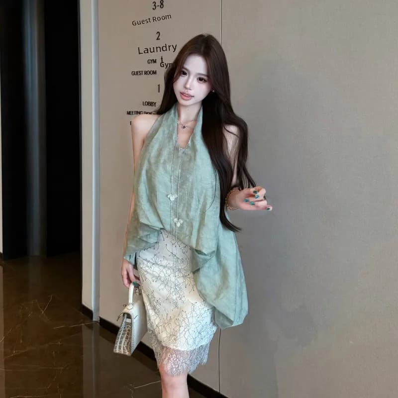 Retro Gentle Summer New Design Hanging Neck Sleeveless Top And Half Skirt Set Bodycon Skirt V Neck Commute Style Lightweight