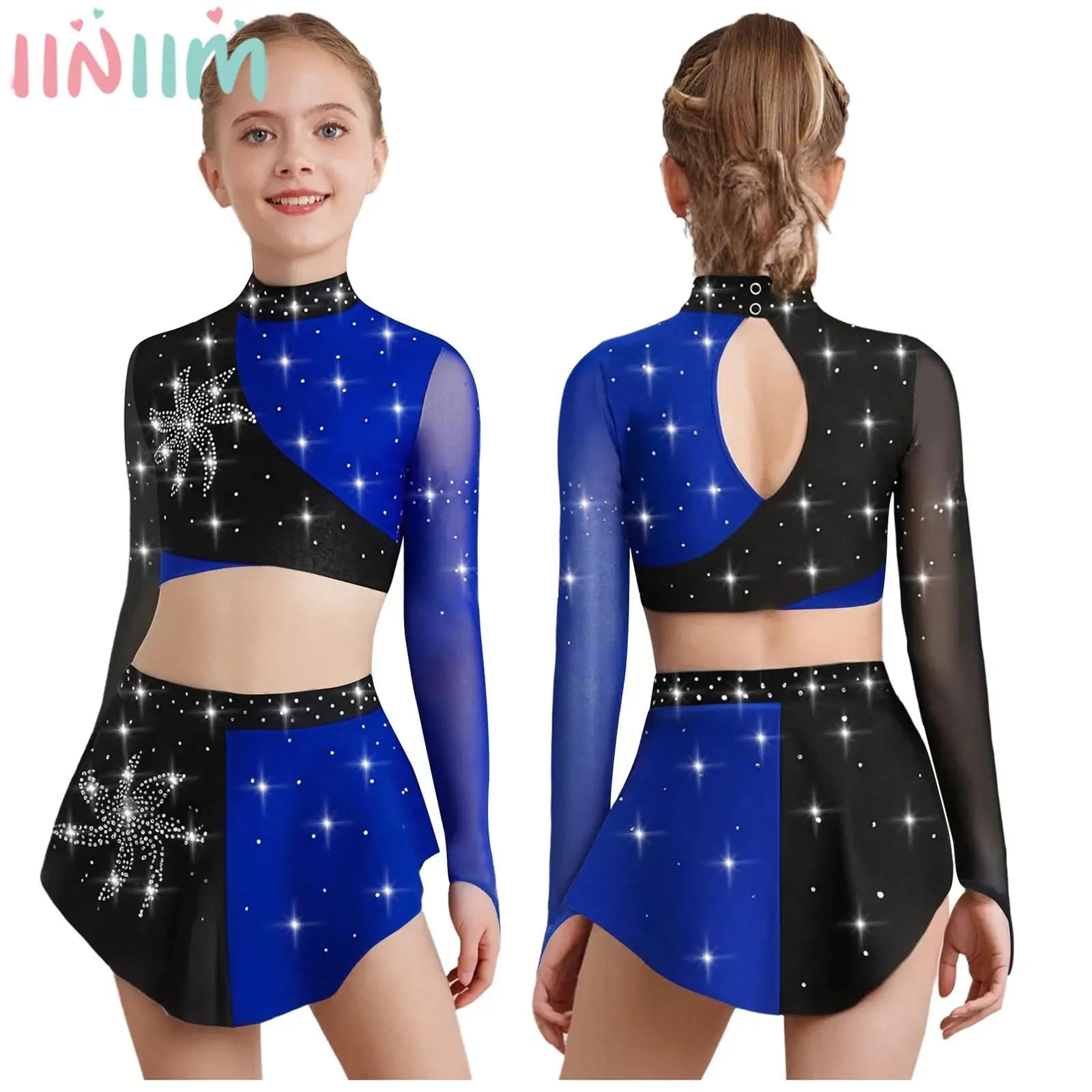 Costume da danza lirica per ragazze Gonna body con top corto con strass a maniche lunghe in rete trasparente per danza moderna Pattinaggio di figura Balletto