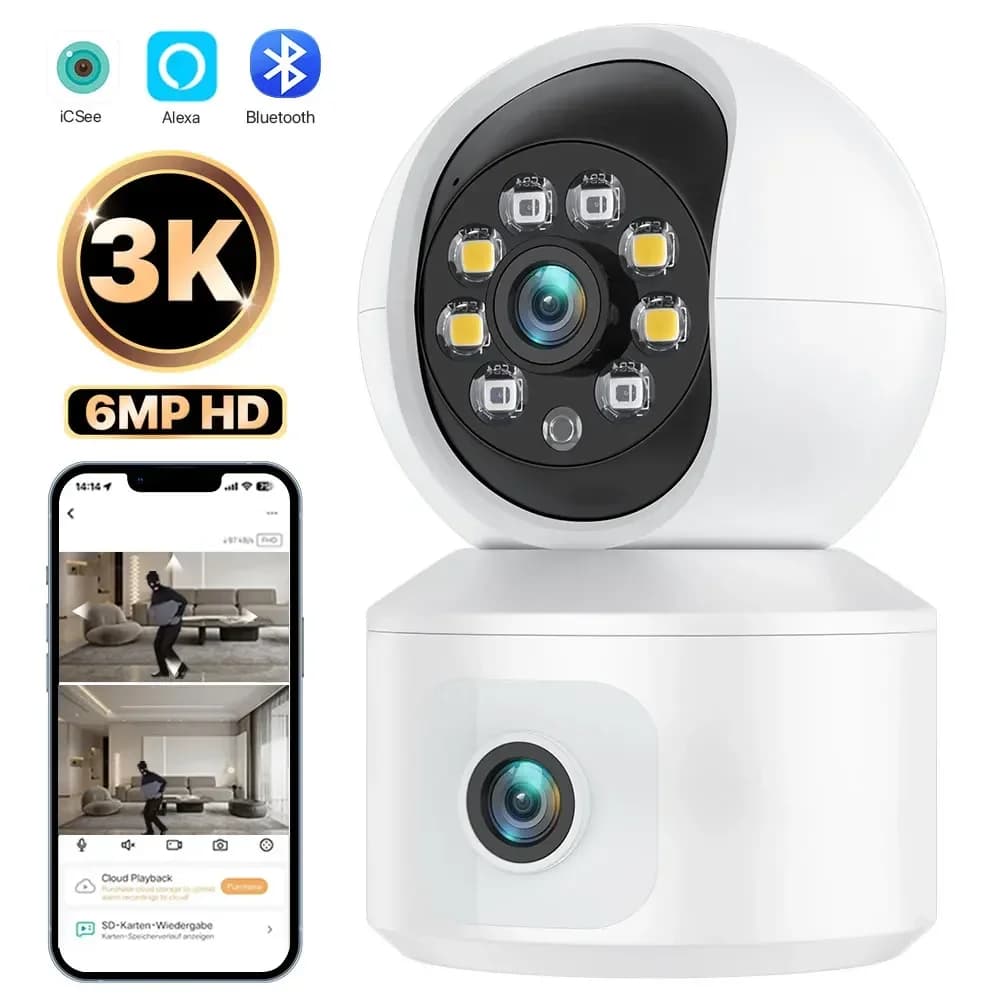 Telecamera IP WiFi da 6MP Doppia lente Doppio schermo Baby Monitor Telecamera di sicurezza domestica PTZ Monitoraggio automatico Video sorveglianza CCTV iCsee