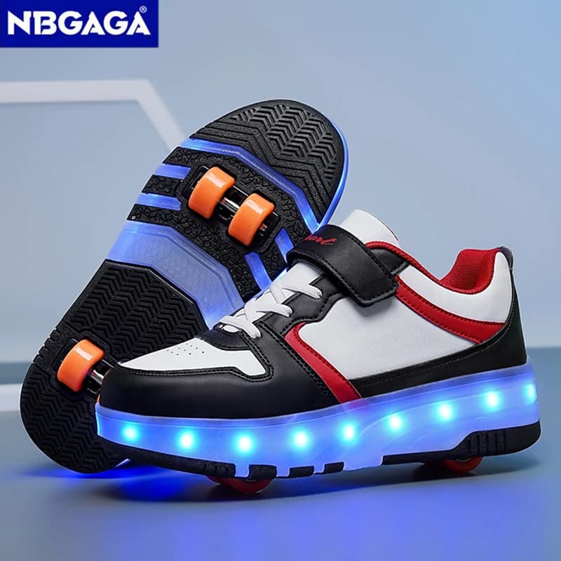 Scarpe da ginnastica luminose per bambini con ricarica USB, scarpe sportive da esterno con rotelle, pattini a quattro ruote per bambini e bambine, scarpe casual