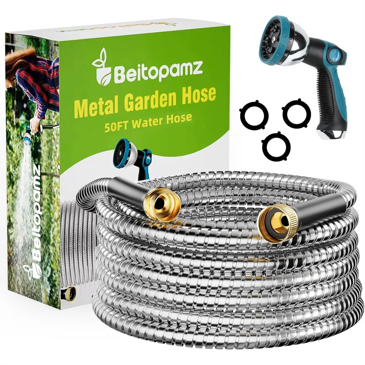 Stainless Steel Garden Hose 50 ft with Nozzle, Flexible Heavy Duty Rust Proof No-Kink Water Hose with 3/4'' Brass Fittings for