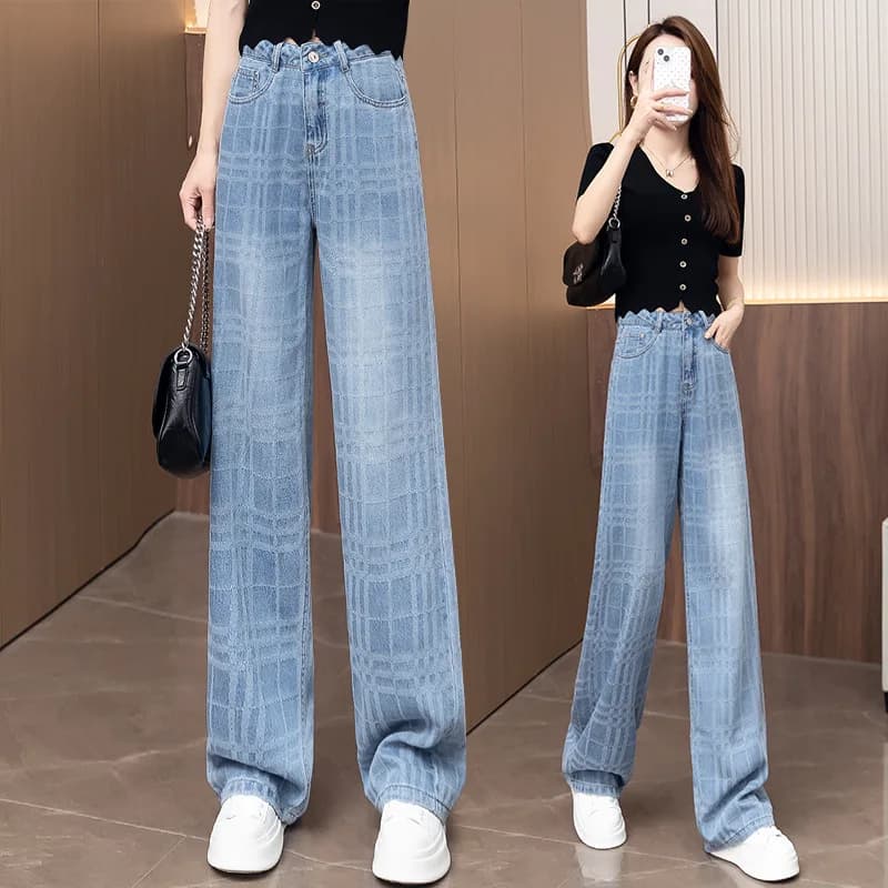 Jeans stretti a gamba larga da donna, design jacquard autunnale, pantaloni versatili larghi e dimagranti a gamba dritta fino al pavimento