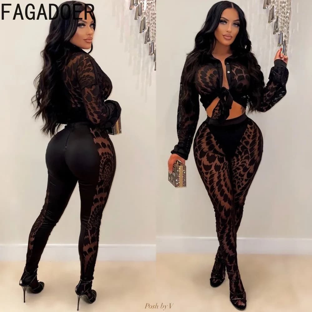 FAGADOER Autumn New Sexy Mesh See Through Woman 2 Piece Set Outfit Long Sleeve Crop Top and Pants Female Streetwear Clothing